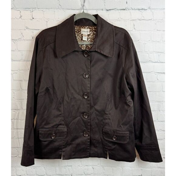 CHICO'S brown cotton stretch button collared jacket blazer size 3 XL - Picture 1 of 7
